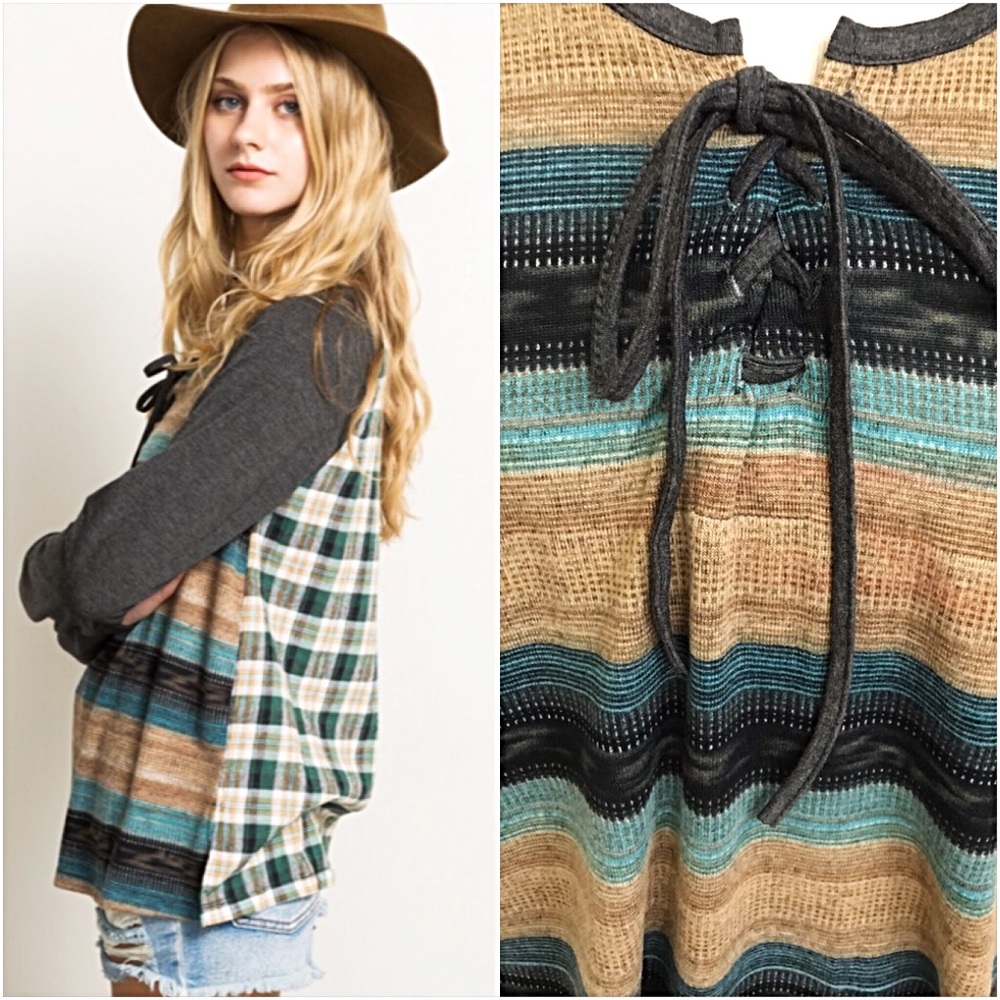 Soft Chic LaceUp Plaid Striped Colorblock Top S - Picture 3 of 8